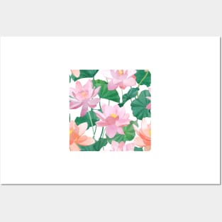 Lotus flowers and leaves watercolor illustration. Exotic spring floral print. Summer Tropical seamless pattern Posters and Art